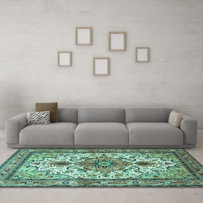 Machine Washable Persian Turquoise Traditional Area Rugs in a Living Room,, wshtr4754turq