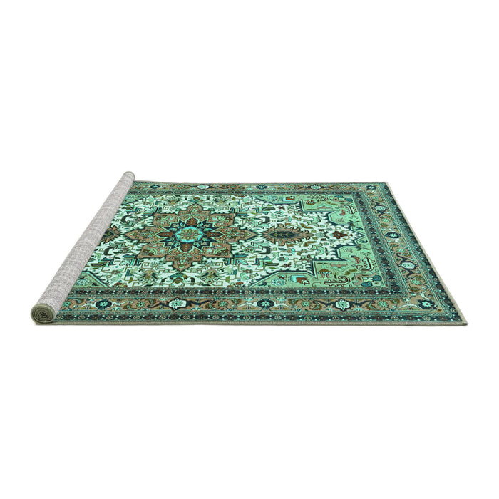 Sideview of Machine Washable Persian Turquoise Traditional Area Rugs, wshtr4754turq