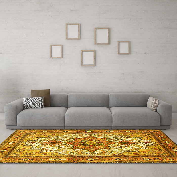 Machine Washable Persian Yellow Traditional Rug in a Living Room, wshtr4754yw