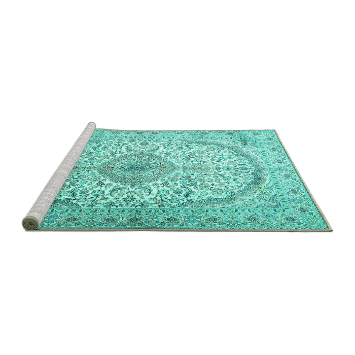 Sideview of Machine Washable Persian Turquoise Traditional Area Rugs, wshtr4755turq