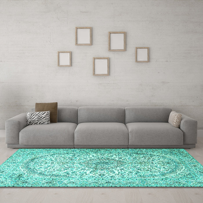 Machine Washable Persian Turquoise Traditional Area Rugs in a Living Room,, wshtr4755turq