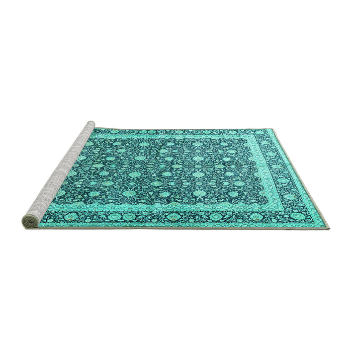 Sideview of Machine Washable Persian Turquoise Traditional Area Rugs, wshtr4756turq