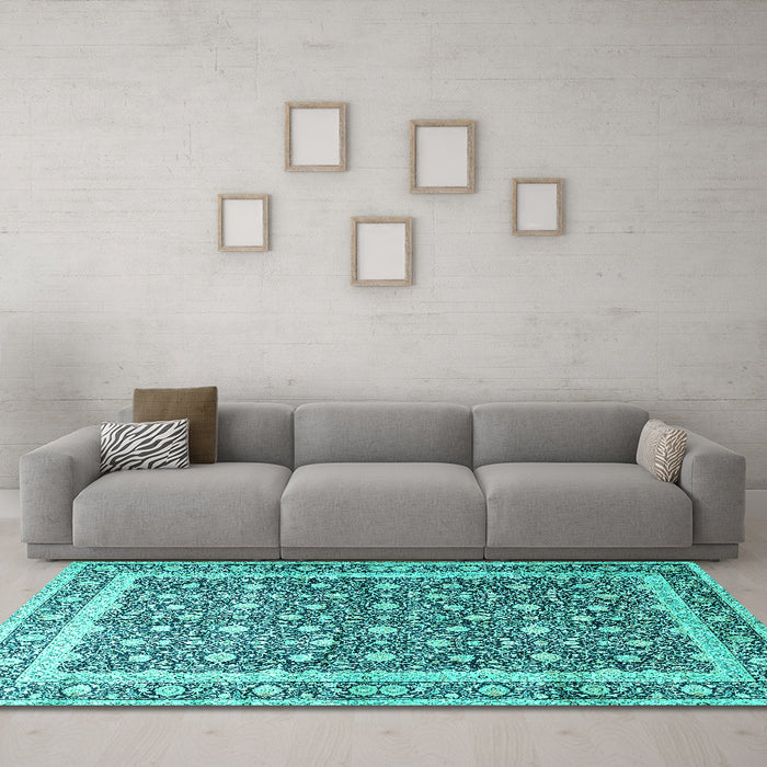 Machine Washable Persian Turquoise Traditional Area Rugs in a Living Room,, wshtr4756turq