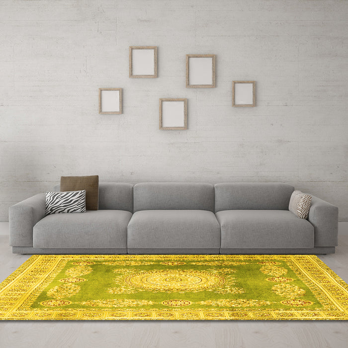 Machine Washable Medallion Yellow Traditional Rug in a Living Room, wshtr4757yw