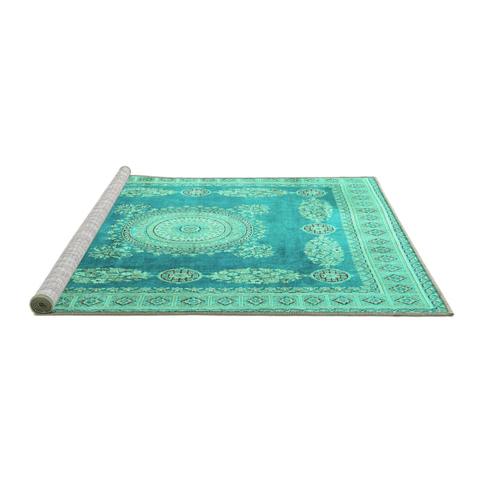 Sideview of Machine Washable Medallion Turquoise Traditional Area Rugs, wshtr4757turq