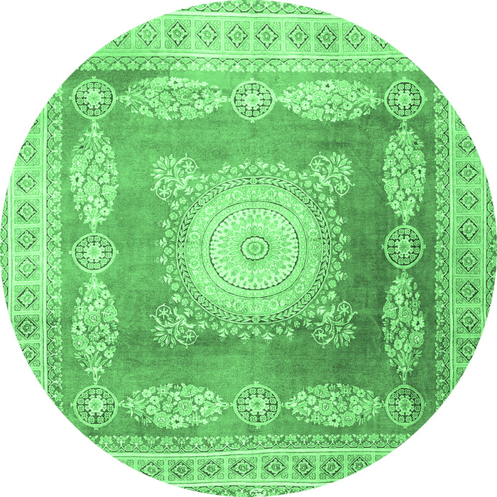 Round Machine Washable Medallion Emerald Green Traditional Area Rugs, wshtr4757emgrn