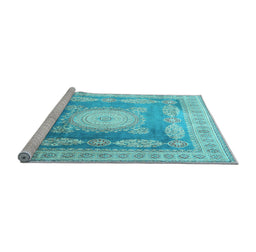 Sideview of Machine Washable Medallion Light Blue Traditional Rug, wshtr4757lblu