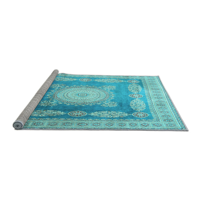 Sideview of Machine Washable Medallion Light Blue Traditional Rug, wshtr4757lblu
