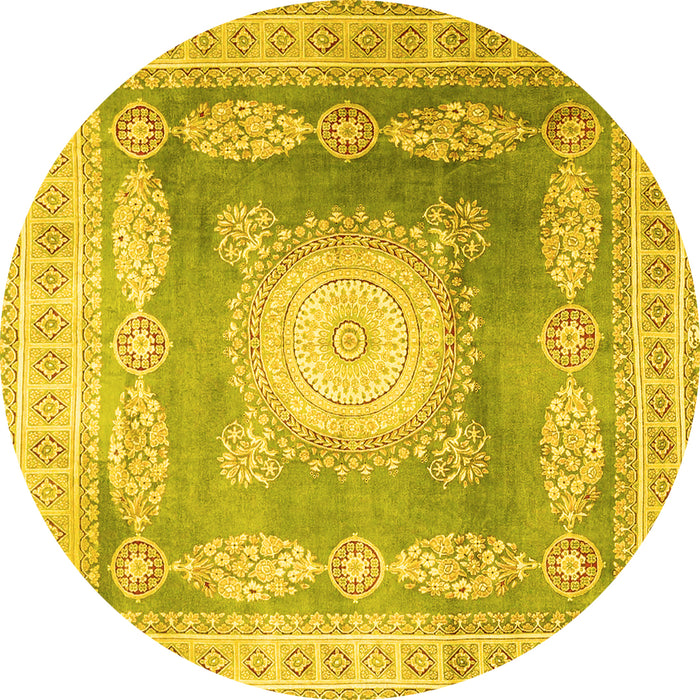 Round Machine Washable Medallion Yellow Traditional Rug, wshtr4757yw