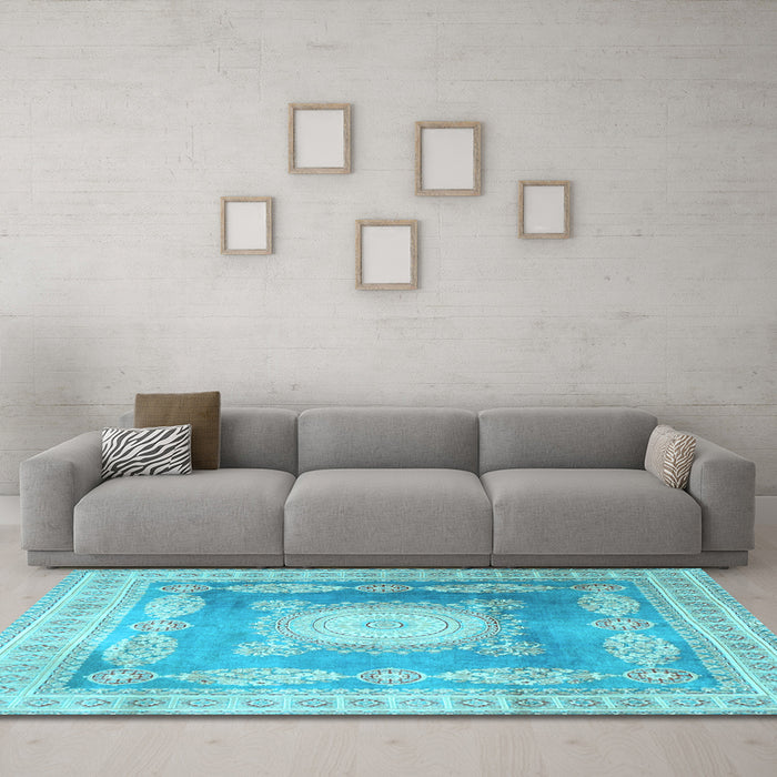 Machine Washable Medallion Light Blue Traditional Rug in a Living Room, wshtr4757lblu