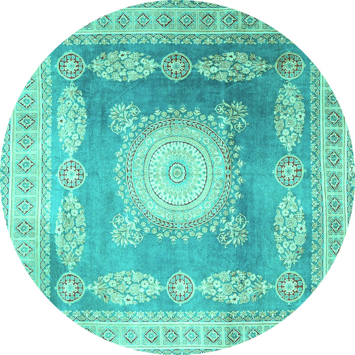 Round Machine Washable Medallion Turquoise Traditional Area Rugs, wshtr4757turq