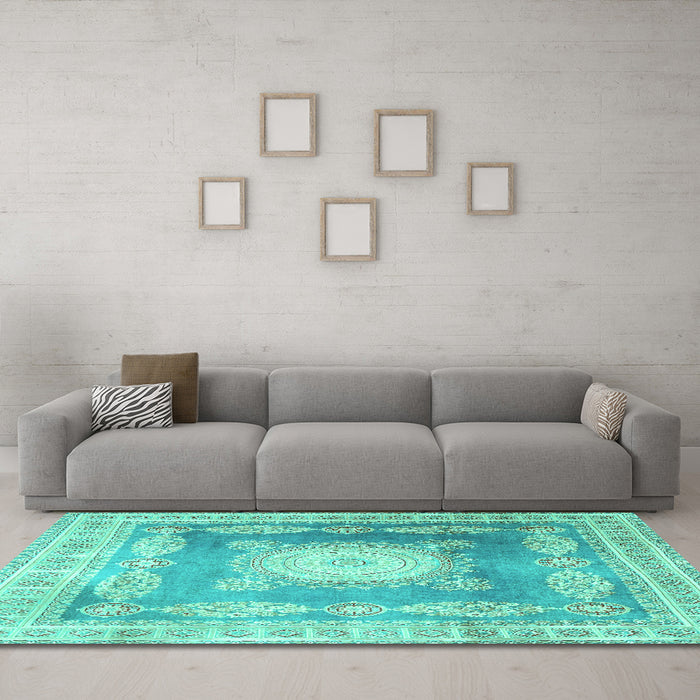 Machine Washable Medallion Turquoise Traditional Area Rugs in a Living Room,, wshtr4757turq