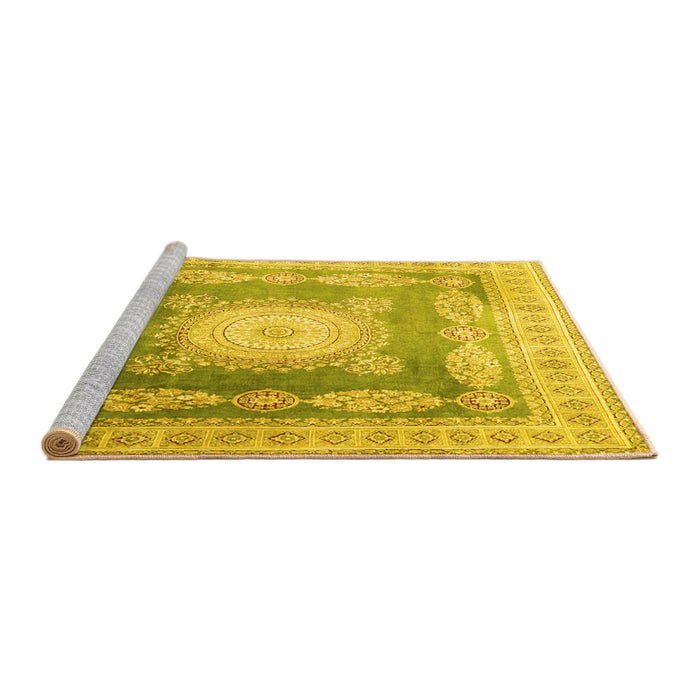 Sideview of Machine Washable Medallion Yellow Traditional Rug, wshtr4757yw