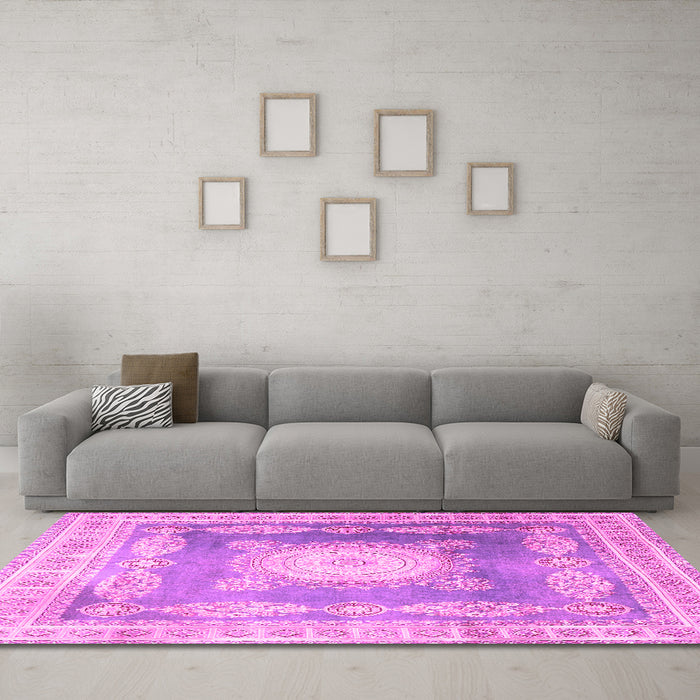 Machine Washable Medallion Pink Traditional Rug in a Living Room, wshtr4757pnk