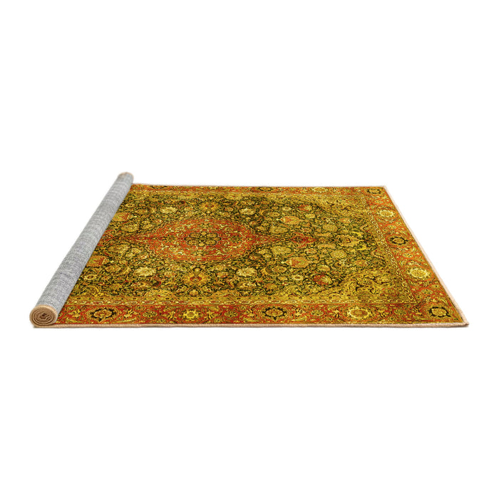 Sideview of Machine Washable Medallion Yellow Traditional Rug, wshtr4758yw