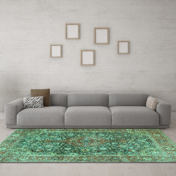 Machine Washable Medallion Turquoise Traditional Area Rugs in a Living Room,, wshtr4758turq