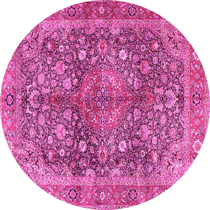 Round Machine Washable Medallion Pink Traditional Rug, wshtr4758pnk