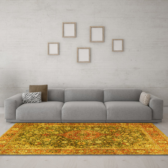 Machine Washable Medallion Yellow Traditional Rug in a Living Room, wshtr4758yw