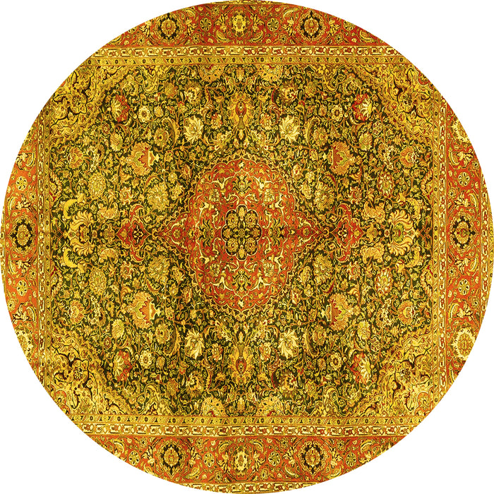 Round Machine Washable Medallion Yellow Traditional Rug, wshtr4758yw