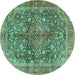 Round Machine Washable Medallion Turquoise Traditional Area Rugs, wshtr4758turq