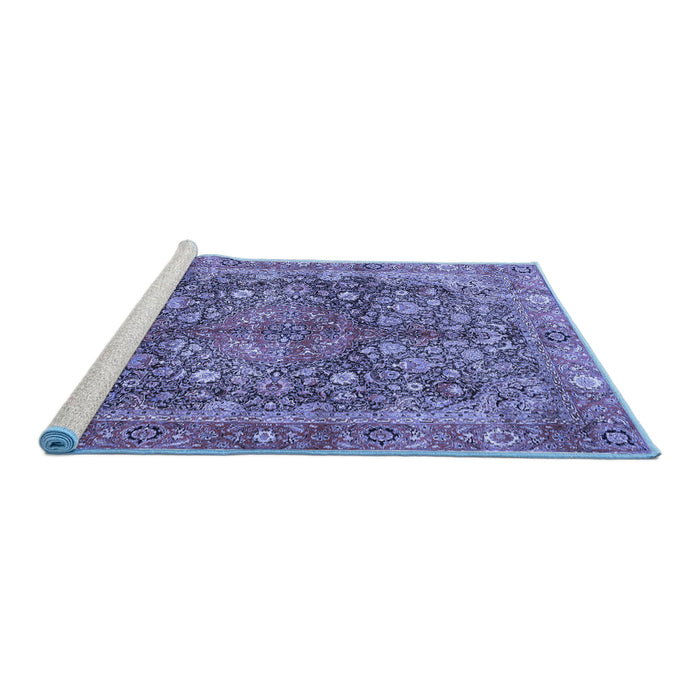 Sideview of Machine Washable Medallion Blue Traditional Rug, wshtr4758blu