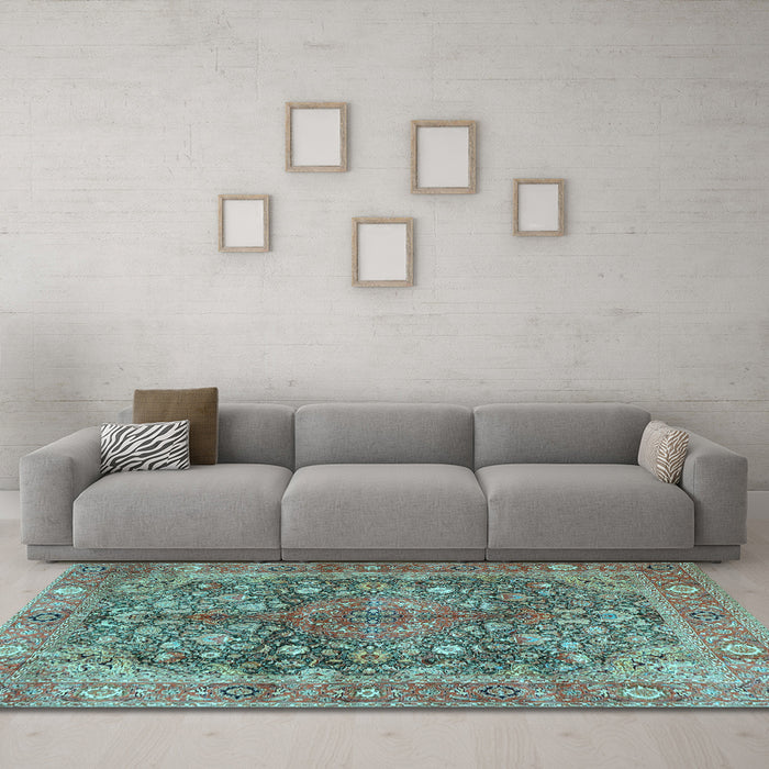 Machine Washable Medallion Light Blue Traditional Rug in a Living Room, wshtr4758lblu