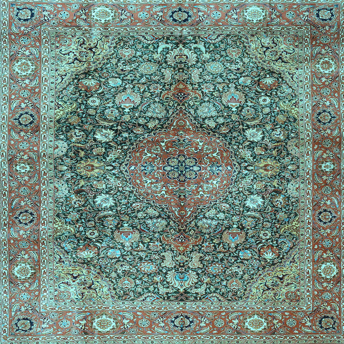 Square Machine Washable Medallion Light Blue Traditional Rug, wshtr4758lblu