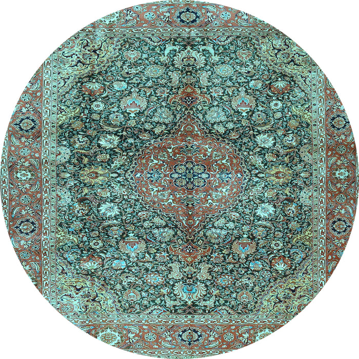 Round Machine Washable Medallion Light Blue Traditional Rug, wshtr4758lblu