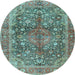 Round Machine Washable Medallion Light Blue Traditional Rug, wshtr4758lblu