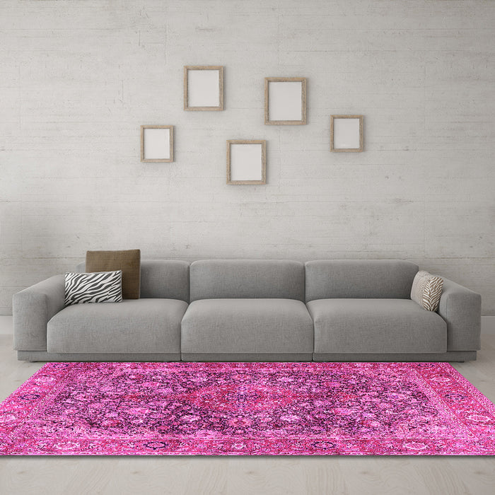 Machine Washable Medallion Pink Traditional Rug in a Living Room, wshtr4758pnk