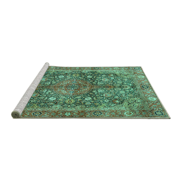 Sideview of Machine Washable Medallion Turquoise Traditional Area Rugs, wshtr4758turq