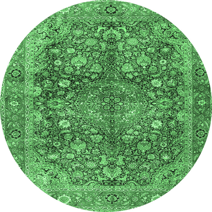 Round Machine Washable Medallion Emerald Green Traditional Area Rugs, wshtr4758emgrn