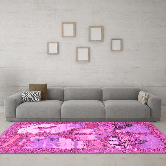 Machine Washable Animal Pink Traditional Rug in a Living Room, wshtr4759pnk