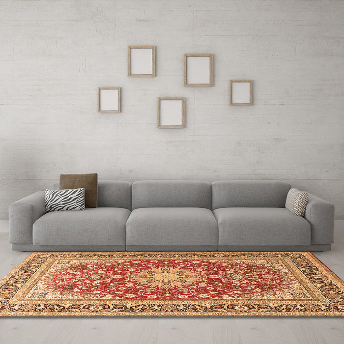 Machine Washable Medallion Orange Traditional Area Rugs in a Living Room, wshtr4761org