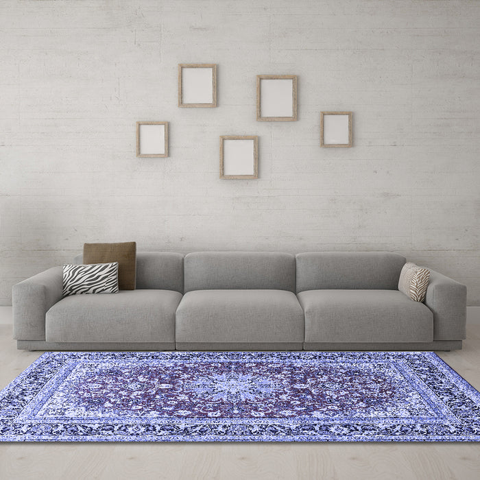 Machine Washable Medallion Blue Traditional Rug in a Living Room, wshtr4761blu
