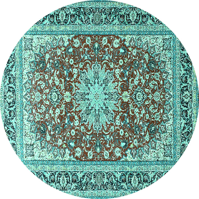 Round Machine Washable Medallion Turquoise Traditional Area Rugs, wshtr4761turq