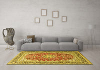 Machine Washable Medallion Yellow Traditional Rug, wshtr4761yw