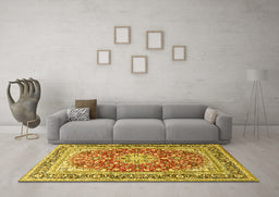 Machine Washable Medallion Yellow Traditional Rug in a Living Room, wshtr4761yw