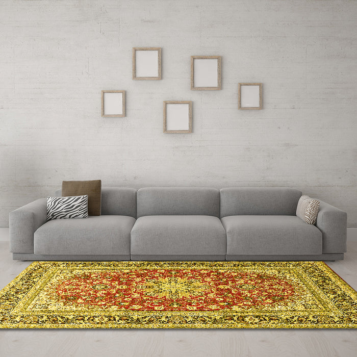 Machine Washable Medallion Yellow Traditional Rug in a Living Room, wshtr4761yw