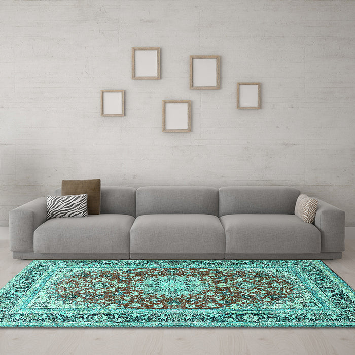 Machine Washable Medallion Turquoise Traditional Area Rugs in a Living Room,, wshtr4761turq