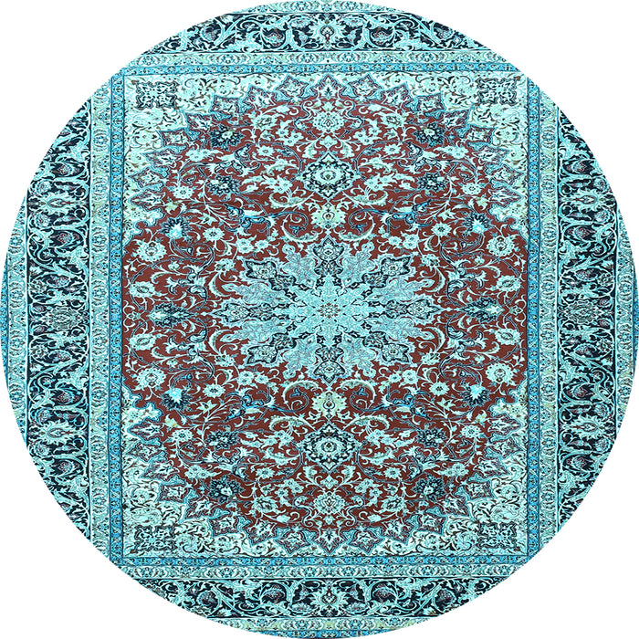 Round Machine Washable Medallion Light Blue Traditional Rug, wshtr4761lblu