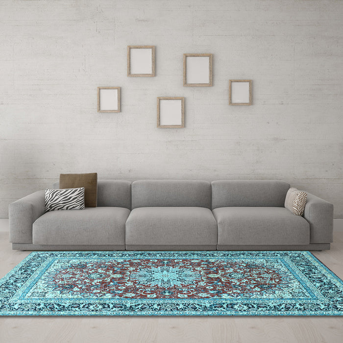 Machine Washable Medallion Light Blue Traditional Rug in a Living Room, wshtr4761lblu