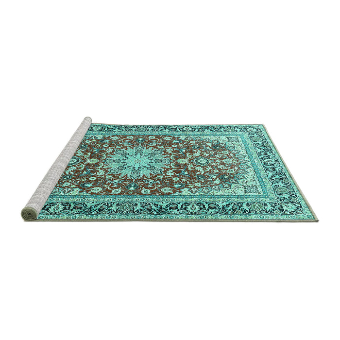 Sideview of Machine Washable Medallion Turquoise Traditional Area Rugs, wshtr4761turq