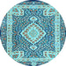 Round Machine Washable Medallion Light Blue Traditional Rug, wshtr4762lblu