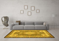 Machine Washable Medallion Yellow Traditional Rug, wshtr4762yw