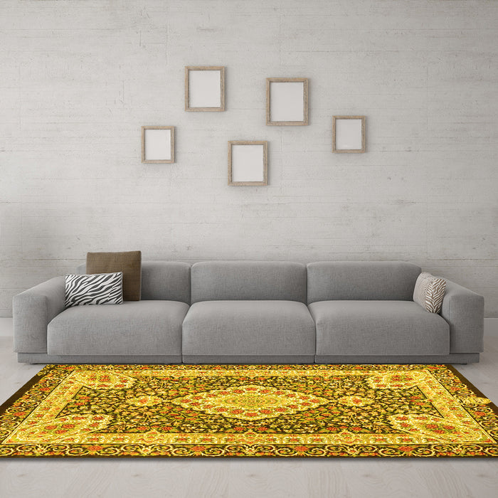 Machine Washable Medallion Yellow Traditional Rug in a Living Room, wshtr4762yw