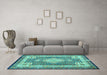 Machine Washable Medallion Turquoise Traditional Area Rugs in a Living Room,, wshtr4762turq