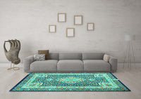 Machine Washable Medallion Turquoise Traditional Rug, wshtr4762turq