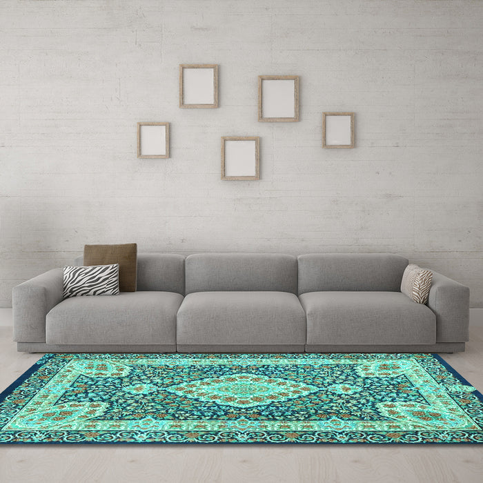 Machine Washable Medallion Turquoise Traditional Area Rugs in a Living Room,, wshtr4762turq