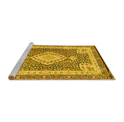 Sideview of Machine Washable Medallion Yellow Traditional Rug, wshtr4762yw